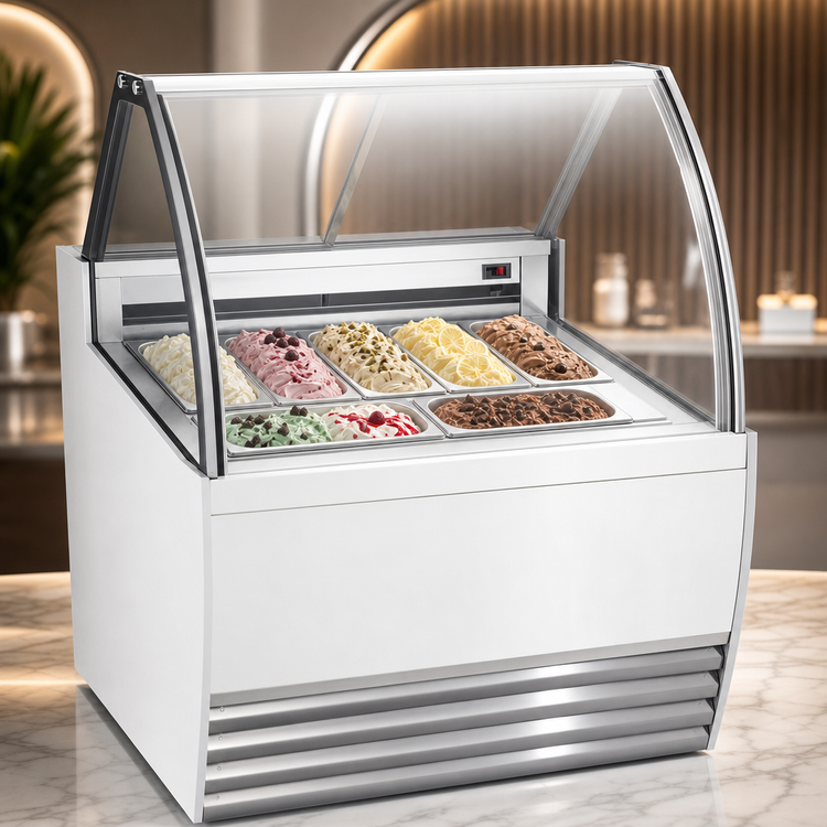 Product image #4 for Omcan White 41.3-Inch Full-Service Gelato Display Showcase, 7-Pan, Curved Glass