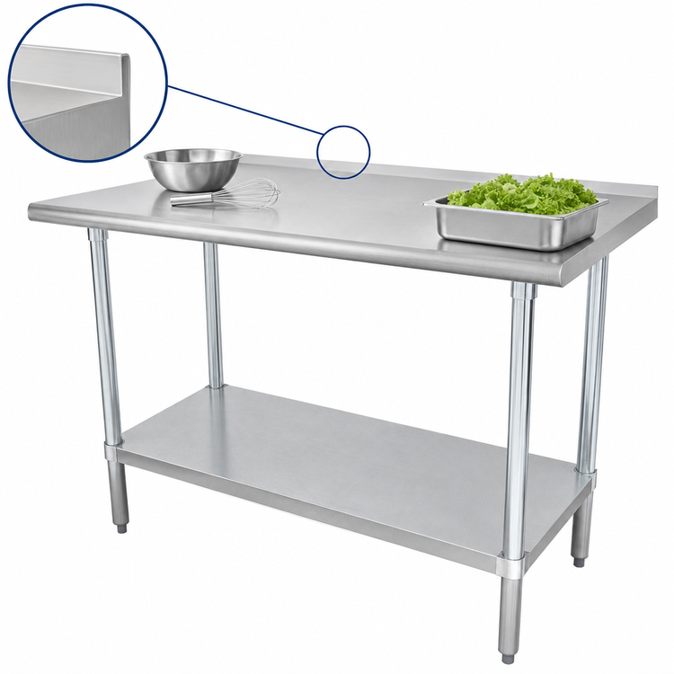 Product image #4 for Advance Tabco Special Value 84"W x 24"D 16-Gauge 430 Stainless Steel Work Table with 1-1/2" Rear Up-Turn and Undershelf