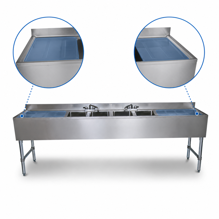 Product image #4 for BK Resources Four-Compartment Stainless Steel Underbar Sink with Dual Drainboards, 96 Inch Wide