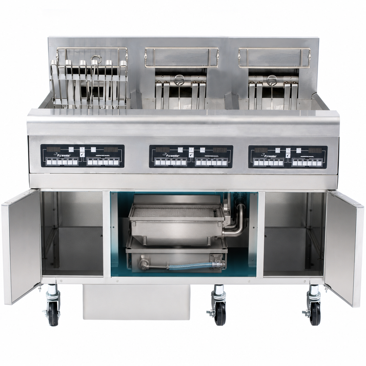 Product image #4 for Frymaster RE High Efficiency 3-Tank Electric Fryer Battery with Built-In Filtration, 50 lb Full Frypots, 17 kW Each