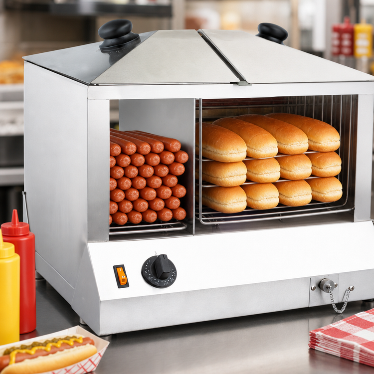 Product image #4 for Omcan USA Countertop Side-by-Side Hot Dog Steamer and Bun Warmer, 100 Hot Dogs / 48 Buns, 120V
