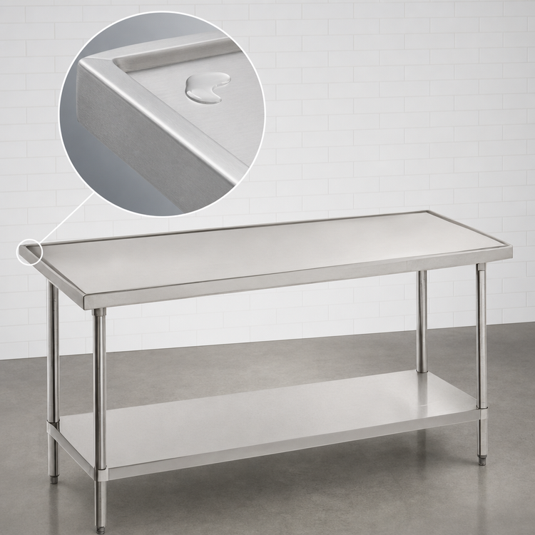 Product image #4 for Advance Tabco 144" x 48" Flat Top 304 Stainless Steel Work Table with No-Drip Edge and Galvanized Undershelf