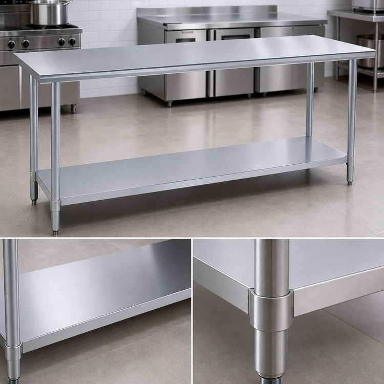 Product image #4 for Duke Flat-Top Stainless Steel Work Table with Undershelf and Posts, 144-Inch x 24-Inch x 36-Inch