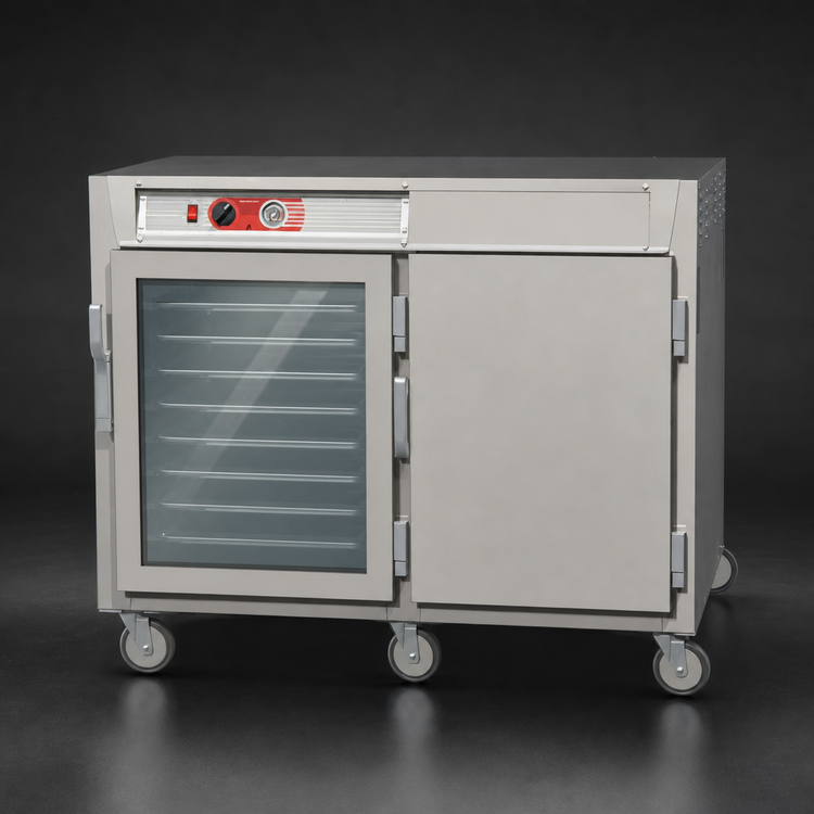 Product image #4 for Metro C5 6 Series Mobile Half-Height Pass-Thru Heated Holding Cabinet with 1 Tempered Double-Pane Glass Door and 1 Solid Door, 120V