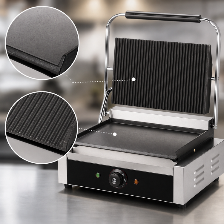 Product image #4 for Serv-Ware Single Countertop Electric Panini Grill with Grooved Top and Flat Bottom