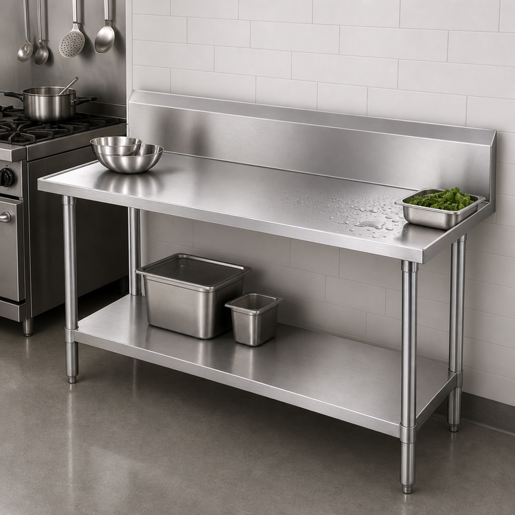 Product image #4 for Advance Tabco 108-Inch x 30-Inch 14-Gauge 304 Stainless Steel Work Table with 10-Inch Backsplash and Undershelf