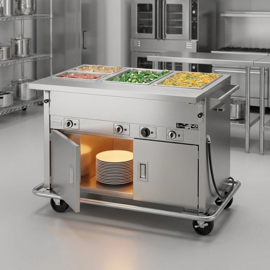 Keep extra items warm and ready for service with the convenient and spacious heated under storage of this mobile hot food counter.