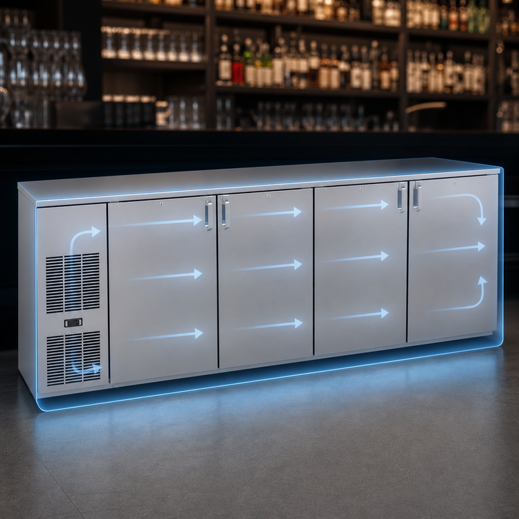Product image #4 for Glastender C1FB92 One-Zone Front-Serviced Bar Profile Back Bar Cooler, 92 Inch, 4-Section, 16 Inch Door Openings