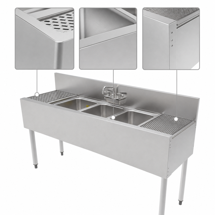 Product image #5 for Top Shelf TS Series 60-Inch 3-Compartment Stainless Steel Underbar Sink Unit with Left and Right Drainboards