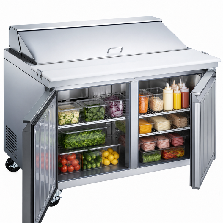 Product image #5 for Omcan 60-Inch Mega Refrigerated Sandwich/Salad Prep Table, Two-Section, Rear-Mount Self-Contained, 15 Cu. Ft.