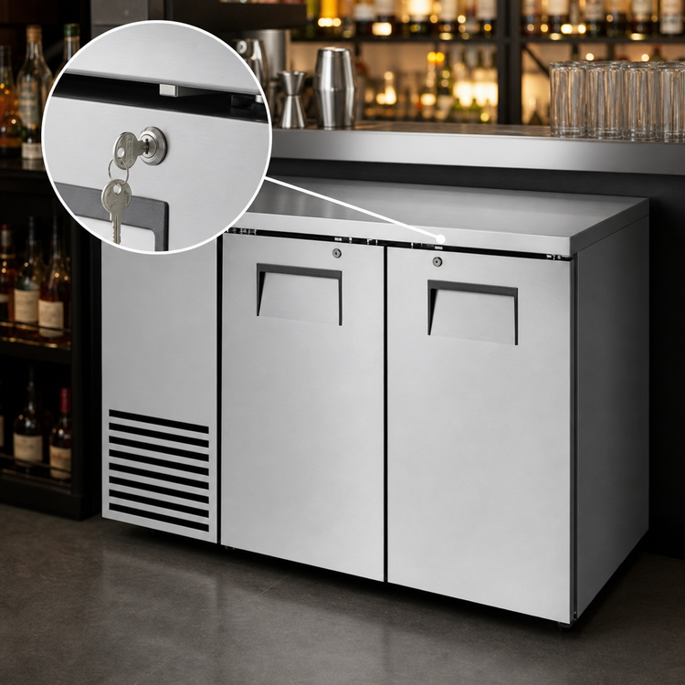 Product image #4 for True 48-1/8-Inch Two-Section Back Bar Cooler with Solid Hinged Locking Doors and Stainless Steel Top
