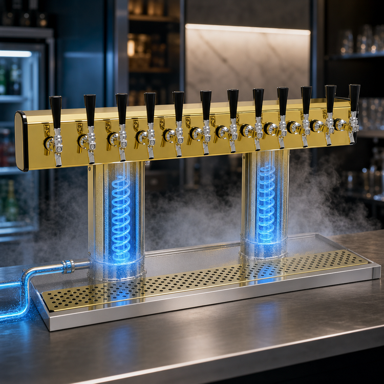 Product image #4 for Glastender Countertop Tee Draft Dispensing Tower with 12 Faucets, Glycol Cooling, and Polished Brass Finish