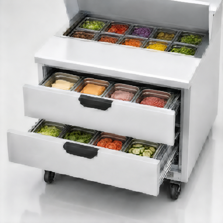 Product image #5 for Beverage-Air SPED36HC-10-2 36-Inch 1-Section Sandwich Prep Table Refrigerator with 10-Pan Top and 2 Drawers