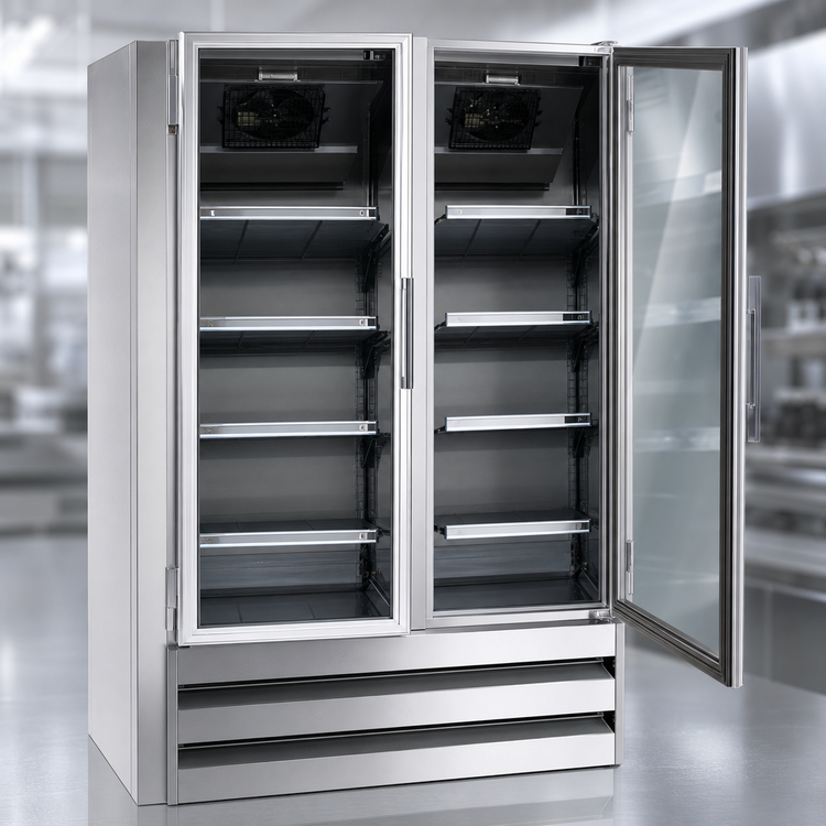 Product image #4 for Howard-McCray Two-Section Hinged Glass Door Freezer Merchandiser, 42 Cu. Ft., Bottom-Mount Self-Contained, Stainless Steel