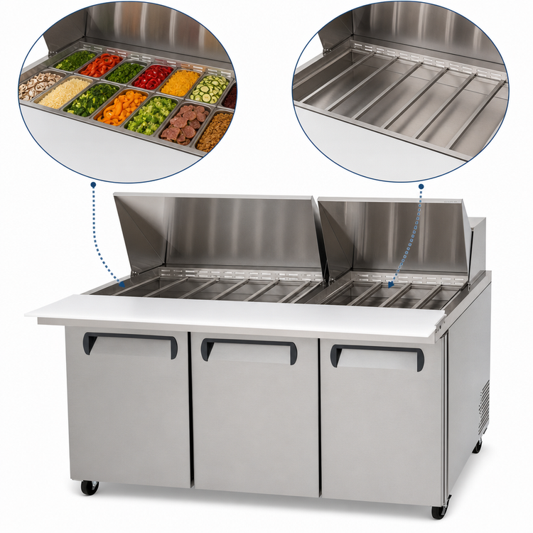 Product image #4 for Migali Competitor Series® 72.7-Inch 3-Section Big Top Sandwich Prep Table, 30-Pan, Rear-Mount Self-Contained Refrigeration