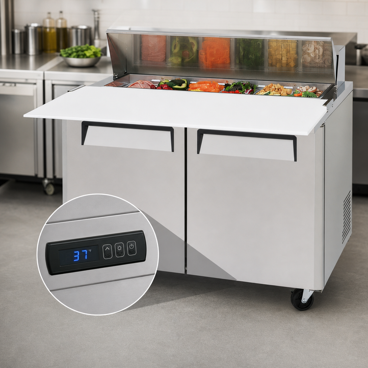 Product image #4 for Turbo Air M3 Series Two-Section Sandwich/Salad Prep Table Refrigerator, 12-Pan, 17-Inch Cutting Board, Rear-Mount Self-Contained, 48 1/4-Inch Wide