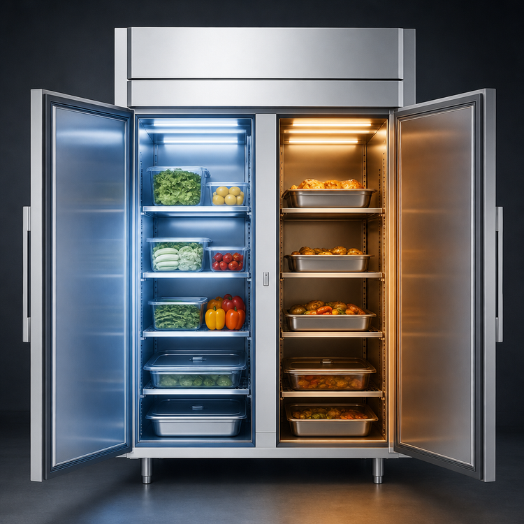 Product image #5 for Victory UltraSpec Dual Temp Pass-Thru Warmer/Refrigerator Cabinet, 2-Section, Self-Contained, Stainless Steel