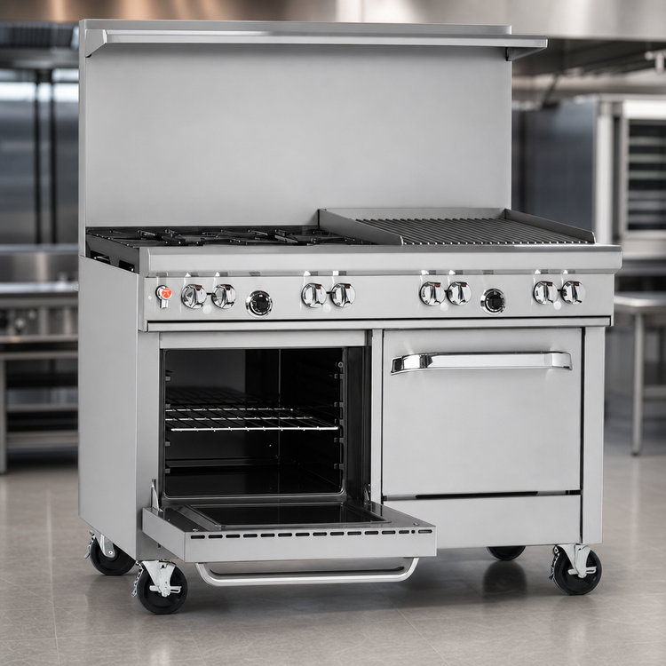 Product image #4 for Southbend Ultimate 48-Inch Gas Restaurant Range with 2 Open Burners, 36-Inch Charbroiler, Standard Oven, and Cabinet Base