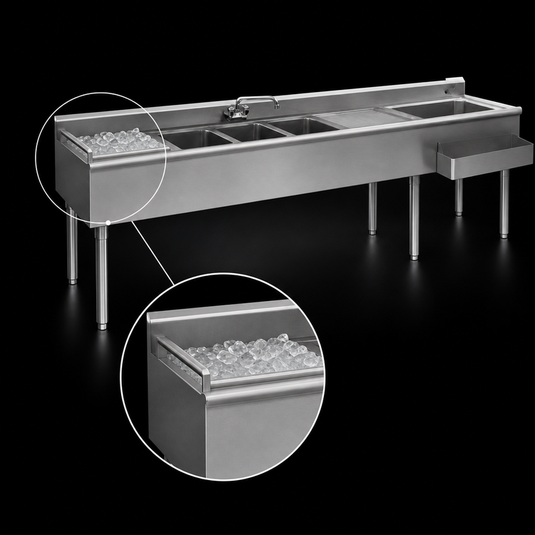 Product image #4 for Eagle Group 1800 Series 120-Inch Underbar Combination Unit with 3 Sink Bowls, Left Ice Bin, and Dual Drainboards