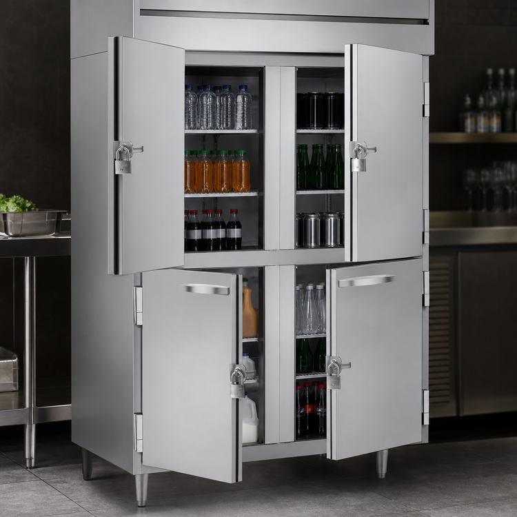 Product image #4 for Beverage-Air P-Series Two-Section Reach-In Refrigerator with 4 Lockable Half Solid Doors, 6 Shelves, Top-Mounted Self-Contained Refrigeration, 44.57 Cu. Ft.