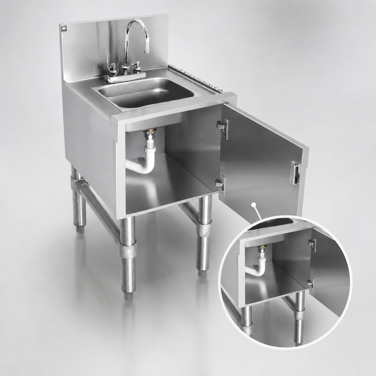 Product image #4 for Spec-Bar Deluxe Underbar Hand Sink, 12 x 24 Inches, 304 Stainless Steel, with Front Access Door, Soap Dispenser, and Paper Towel Dispenser