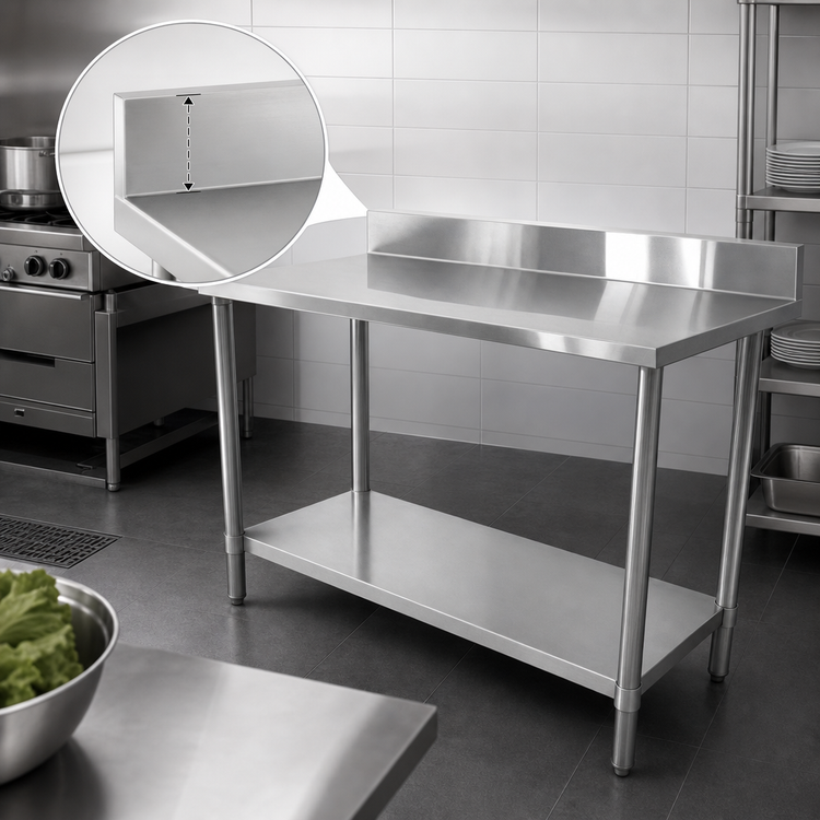 Product image #4 for Thunder Group 84-Inch x 30-Inch 18-Gauge 430 Stainless Steel Flat Top Work Table with 4-Inch Backsplash and Galvanized Undershelf
