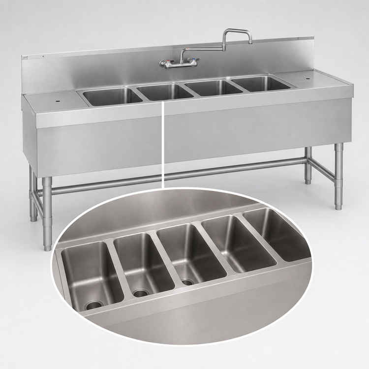 Product image #4 for Eagle Group Spec-Bar Four-Compartment Underbar Sink Unit, 66 Inch Wide x 19 Inch Deep, Right Drainboard