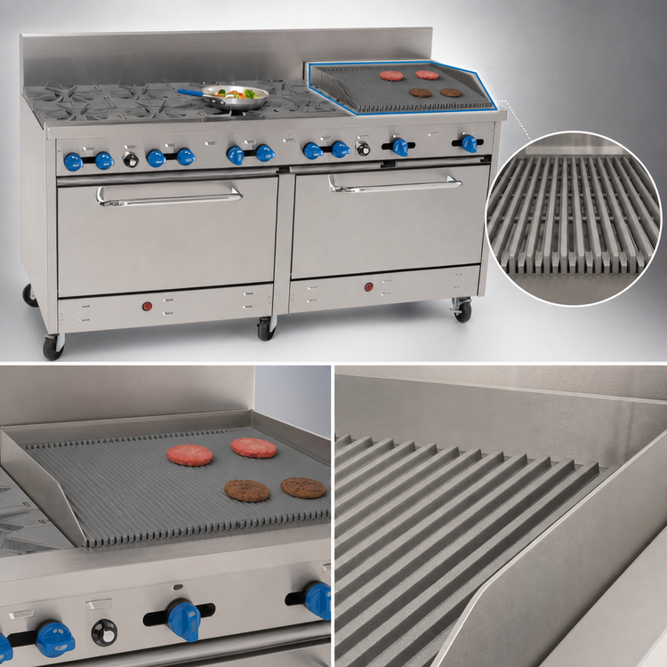 Product image #4 for Comstock-Castle 72-Inch Commercial Gas Range with 8 Open Burners, 24-Inch Char-Broiler, and 2 Extra-Wide Ovens