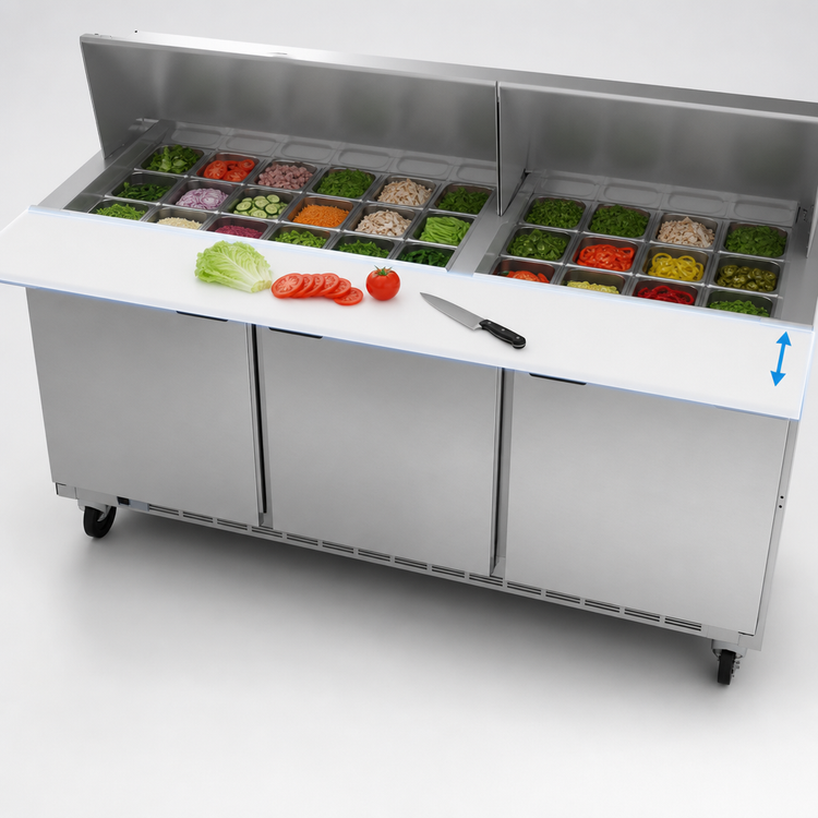 Product image #5 for Beverage-Air 72-Inch Three-Section Mega Top Refrigerated Prep Table with 30-Pan Opening