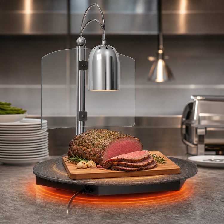Product image #4 for Hatco Decorative Freestanding Carving Station with Round Heated Simulated Stone Base, Single Heat Lamp, Sneeze Guard, and Cutting Board