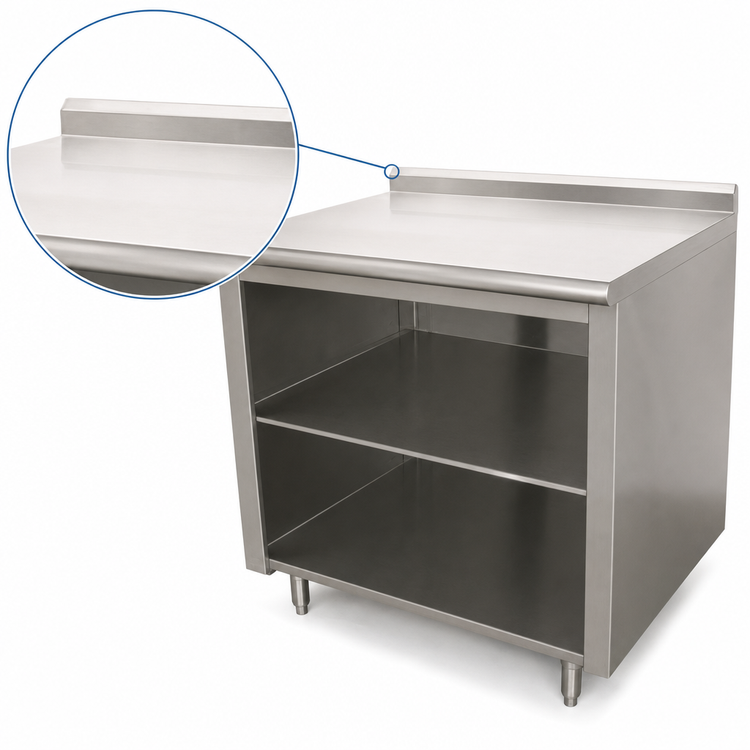 Product image #4 for Advance Tabco 108-Inch x 24-Inch Stainless Steel Work Table with Open Front Cabinet Base, Mid-Shelf, and 1-1/2-Inch Rear Up-Turn
