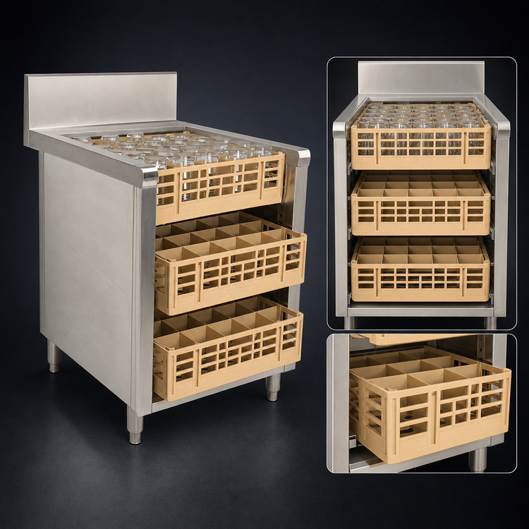 Product image #4 for Advance Tabco Prestige Open-Top Underbar Glass Rack Storage Unit, 24 Inch Wide, Stainless Steel, 3-Rack Capacity