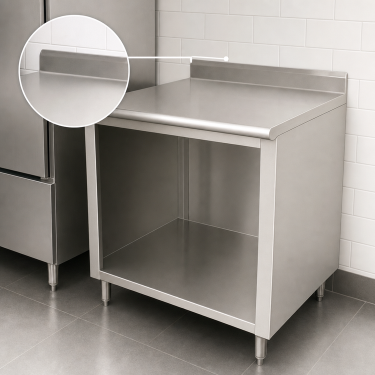 Product image #4 for Advance Tabco Stainless Steel Work Table with Open Front Cabinet Base and 5-Inch Backsplash