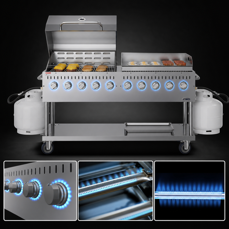 Product image #4 for KoolMore 72-Inch 10-Burner Commercial Outdoor Propane Gas Grill with 36-Inch Roll Dome Cover and 36-Inch Griddle