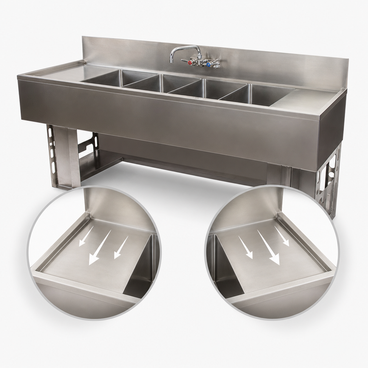 Product image #5 for BK Resources Slim-Line 4-Compartment Underbar Sink with Left and Right Drainboards, 84 Inch Wide