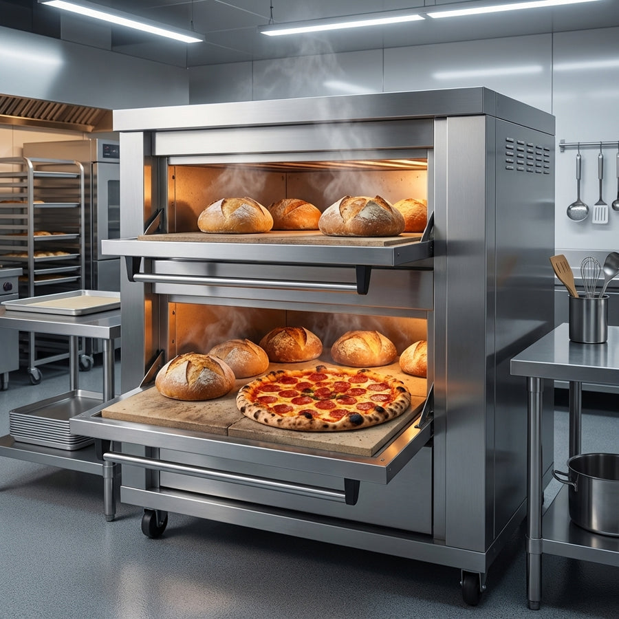 Open oven doors reveal ceramic stone hearths that deliver even heat for crisp, bakery-quality results.