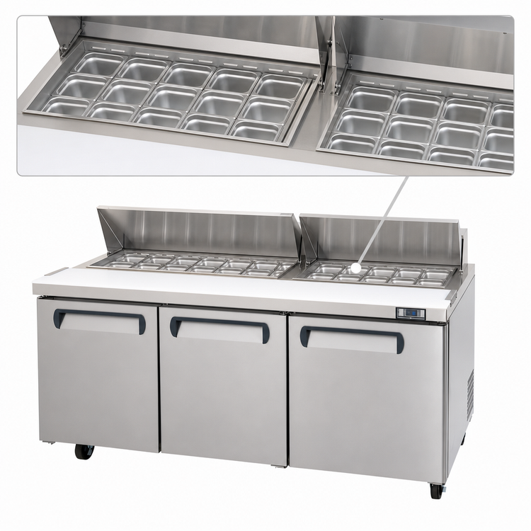 Product image #4 for Migali Competitor Series® 72.7-Inch Three-Section Refrigerated Counter/Sandwich Prep Table, 24.5 Cu. Ft., Rear-Mount Self-Contained, 18-Pan Capacity