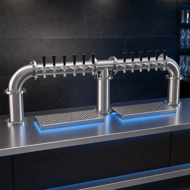 Product image #4 for Glastender 12-Faucet 3-Column Countertop Pipe Bridge Draft Dispensing Tower, Glycol-Cooled, Stainless Steel