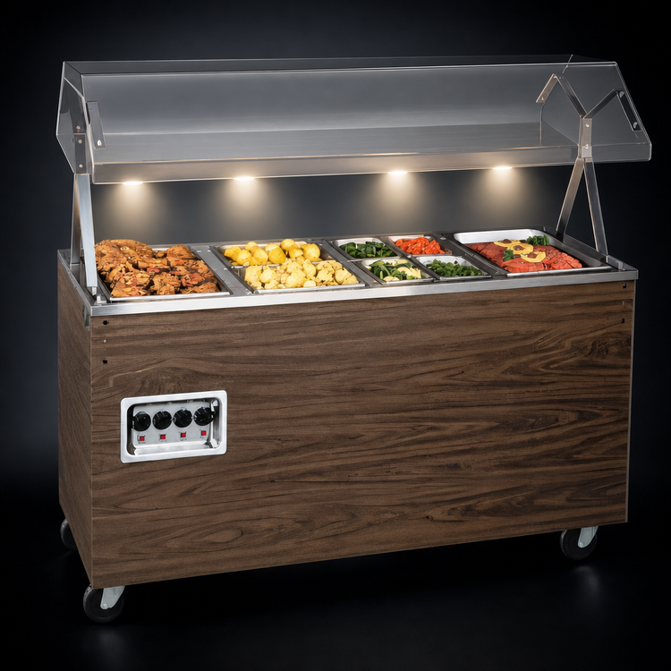 Product image #4 for Vollrath 2-Series Affordable Portable™ 3-Well Mobile Hot Food Station with Lighted Buffet Breath Guard, Enclosed Cherry Woodgrain Base