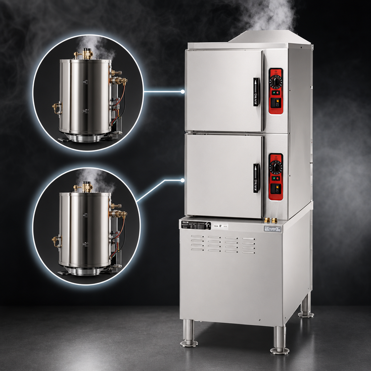 Product image #4 for Vulcan ET Series Low Water Energy Electric Floor Steamer, 2 Compartments, 24-Inch Cabinet Base, 10-Pan Capacity