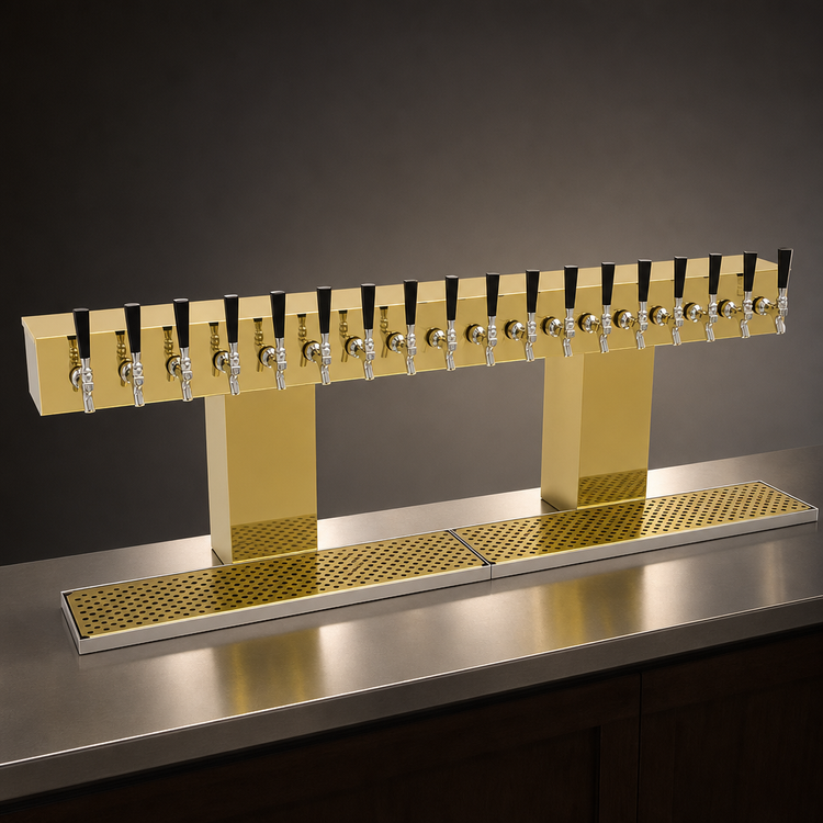 Product image #4 for Glastender BRT-18-PB 18-Faucet Direct-Draw Air-Cooled Countertop Bridge Draft Dispensing Tower with Polished Brass Finish