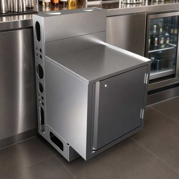 Product image #5 for BK Resources Top Shelf Stainless Steel Underbar Cabinet, 24 x 21 Inch, Flat Top, Raised Edge, Hinged Lock Door