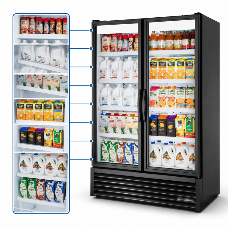Product image #4 for True Full-Length 2-Section Glass Door Refrigerated Merchandiser, 8 Shelves, Black