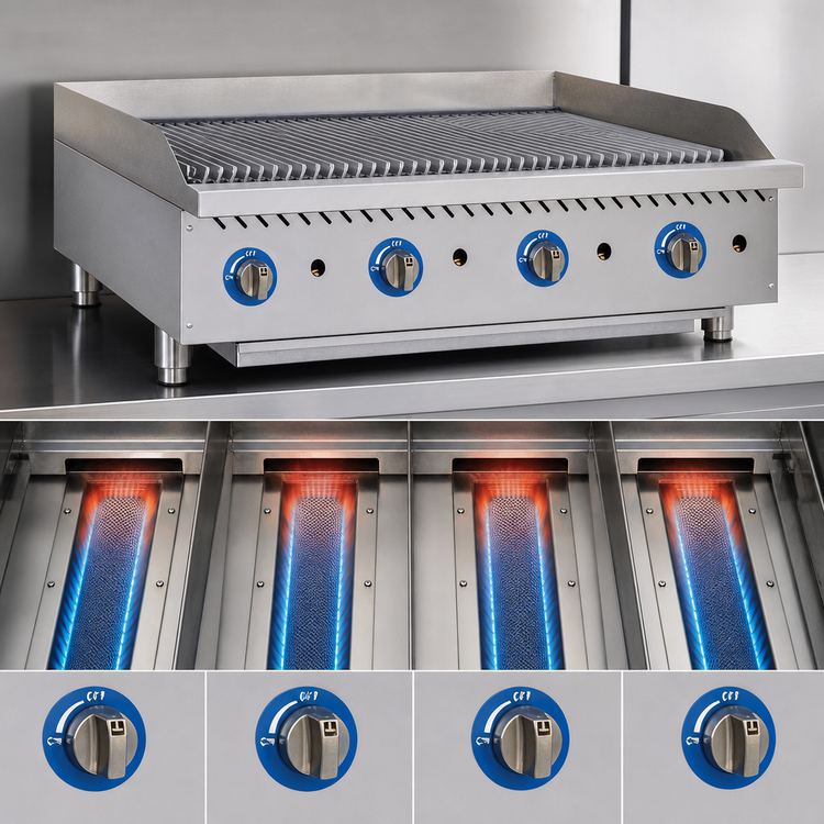 Product image #4 for Globe 48-Inch 4-Burner Radiant Gas Countertop Charbroiler with Reversible Cast Iron Grates