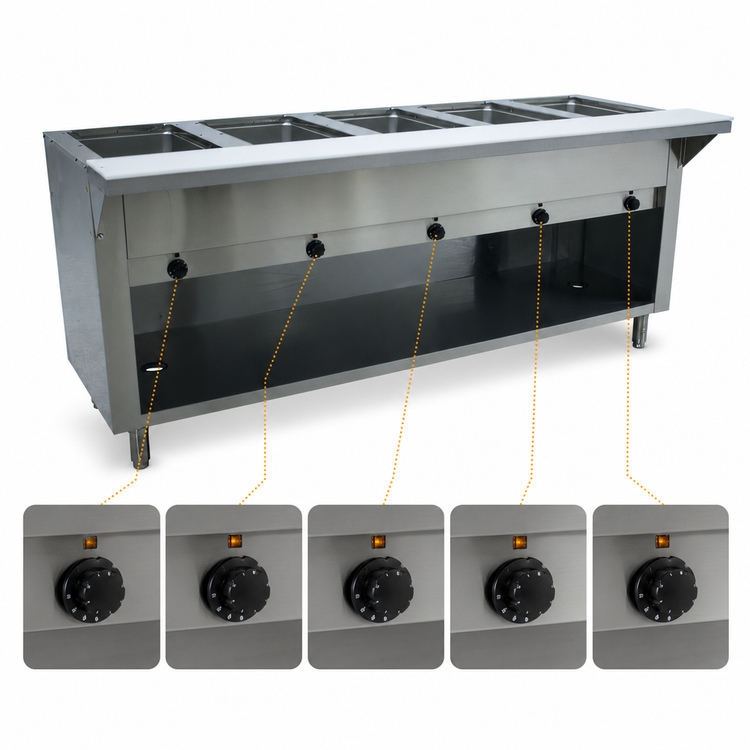 Product image #4 for Advance Tabco Triumph Supreme Electric 5-Well Sealed-Well Hot Food Table with Poly Cutting Board and Open Cabinet Base