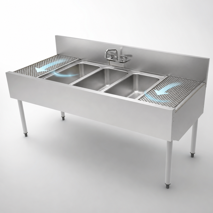 Product image #5 for Perlick TS Series 60-Inch Triple-Compartment Stainless Steel Underbar Sink Unit with Left and Right Drainboards and 6-Inch Backsplash