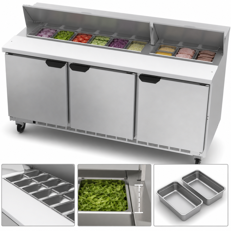 Product image #5 for Beverage-Air Three-Section Sandwich Top Refrigerated Prep Table, 72-Inch Wide, 3 Doors, 18-Pan Top