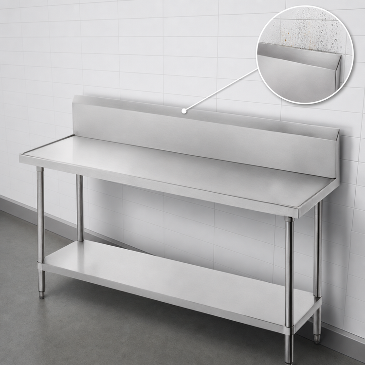 Product image #4 for Advance Tabco 144-Inch x 30-Inch 14-Gauge 304 Stainless Steel Work Table with 10-Inch Backsplash and Adjustable Undershelf