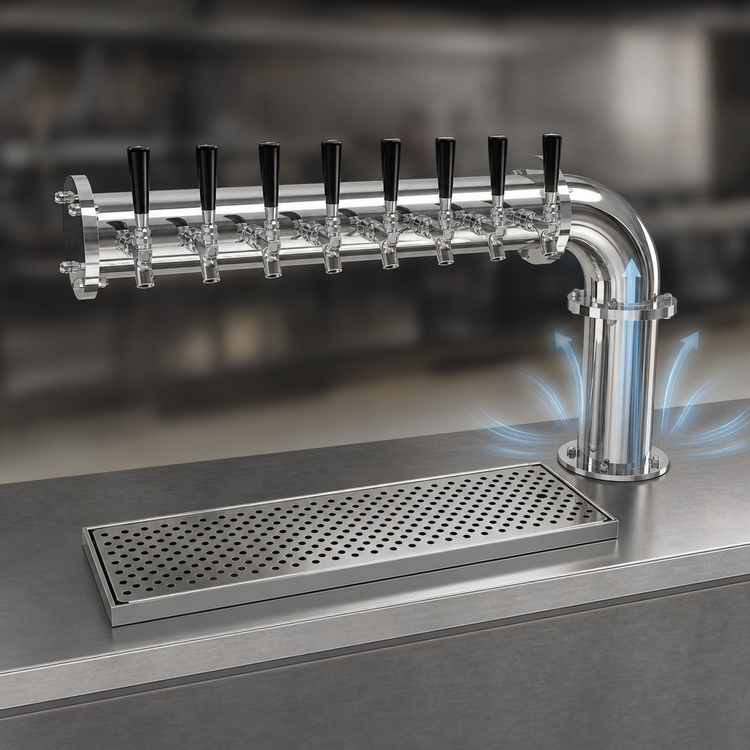 Product image #5 for Glastender Single-Column Countertop Pipe Cantilever Draft Dispensing Tower with 8 Stainless Steel Faucets, Air-Cooled, Mirror Finish