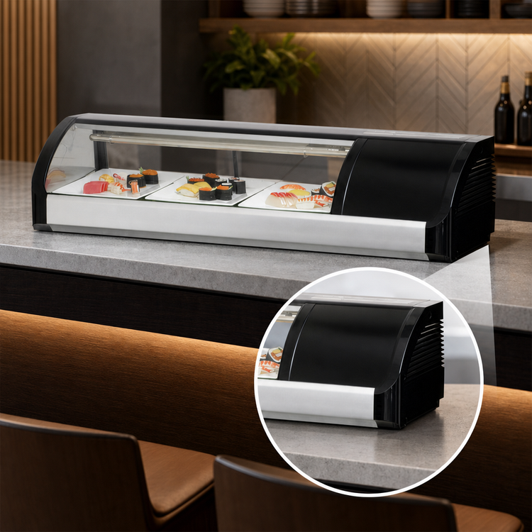 Product image #4 for Everest Refrigeration Countertop Refrigerated Sushi Display Case, 47-1/4 Inch, Curved Glass, Right-Mounted Self-Contained Refrigeration